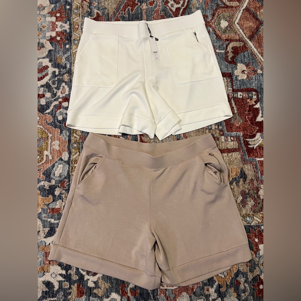 (2) Chicos Stylish Women's Shorts Size 3 or X- large in Cream and Tan